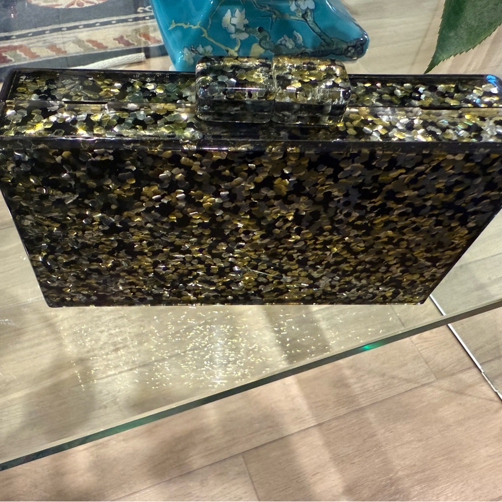 Natasha Couture Black and Gold Acrylic Glitter Clutch